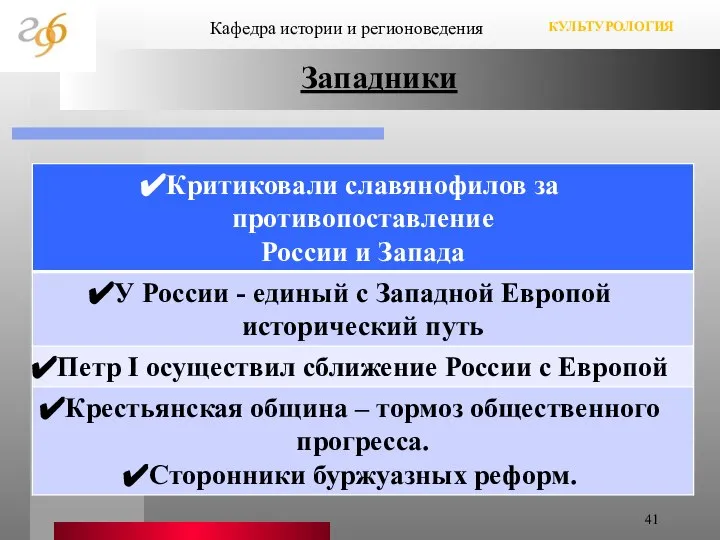 Западники Кафедра истории и регионоведения КУЛЬТУРОЛОГИЯ