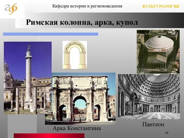 Римская колонна, арка, купол Кафедра истории и регионоведения КУЛЬТУРОЛОГИЯ Арка Константина Пантеон