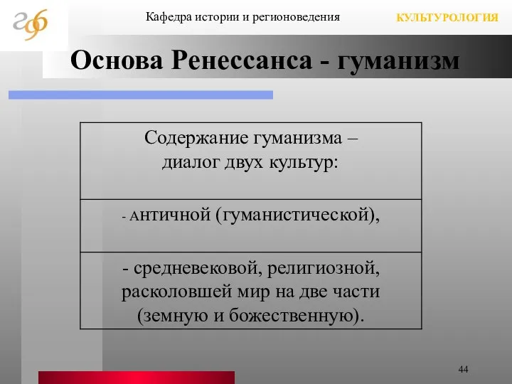 Основа Ренессанса - гуманизм Кафедра истории и регионоведения КУЛЬТУРОЛОГИЯ