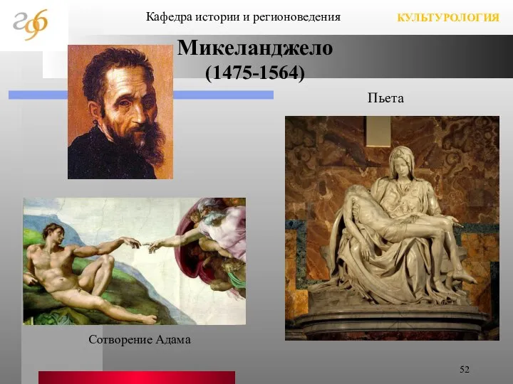 Микеланджело (1475-1564) « Пьета Кафедра истории и регионоведения КУЛЬТУРОЛОГИЯ Сотворение Адама