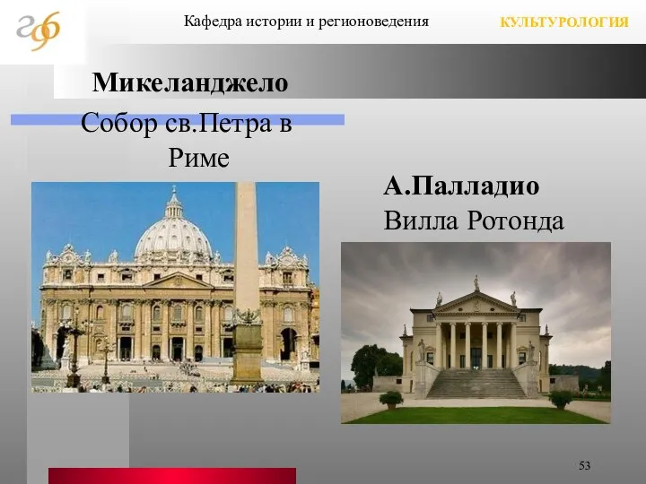 Микеланджело Собор св.Петра в Риме А.Палладио Вилла Ротонда Кафедра истории и регионоведения КУЛЬТУРОЛОГИЯ