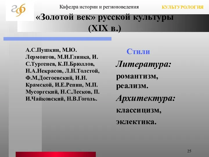 «Золотой век» русской культуры (XIX в.) А.С.Пушкин, М.Ю.Лермонтов, М.И.Глинка, И.С.Тургенев, К.П.Брюллов,