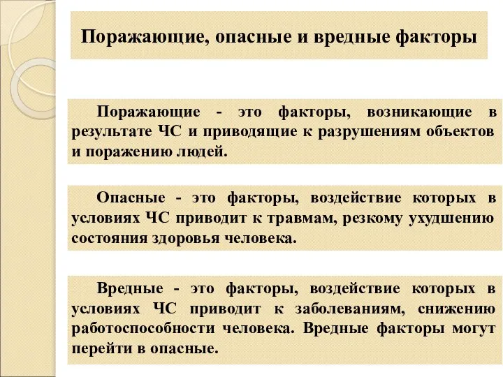 Поражающие, опасные и вредные факторы Вредные - это факторы, воздействие которых