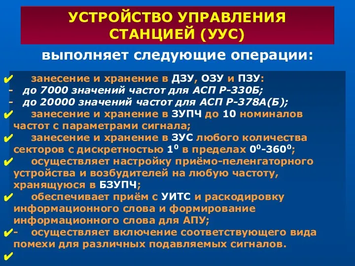 УСТРОЙСТВО УПРАВЛЕНИЯ СТАНЦИЕЙ (УУС) занесение и хранение в ДЗУ, ОЗУ и