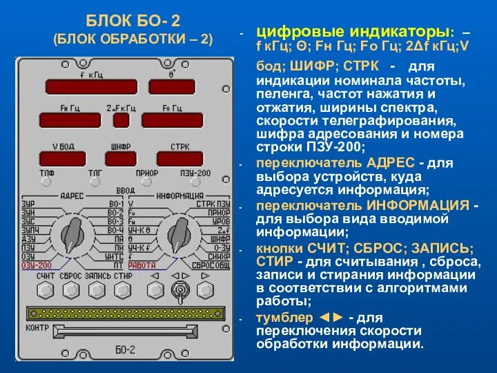 БЛОК БО- 2 (БЛОК ОБРАБОТКИ – 2) цифровые индикаторы: – f