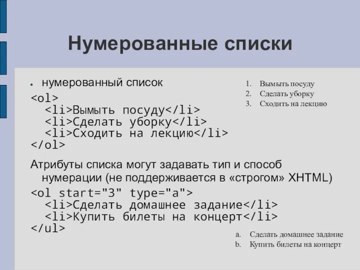 Нумерованные списки нумерованный список Вымыть посуду Сделать уборку Сходить на лекцию