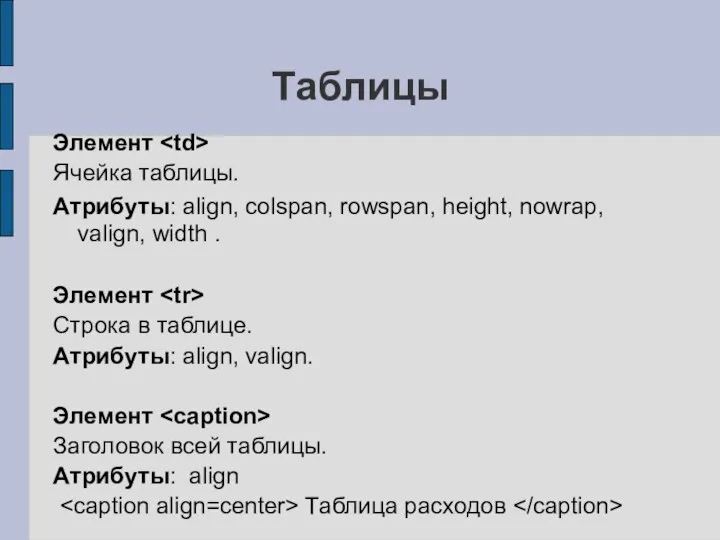 Таблицы Элемент Ячейка таблицы. Атpибуты: align, colspan, rowspan, height, nowrap, valign,