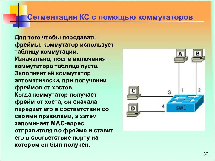 Для того чтобы передавать фреймы, коммутатор использует таблицу коммутации. Изначально, после