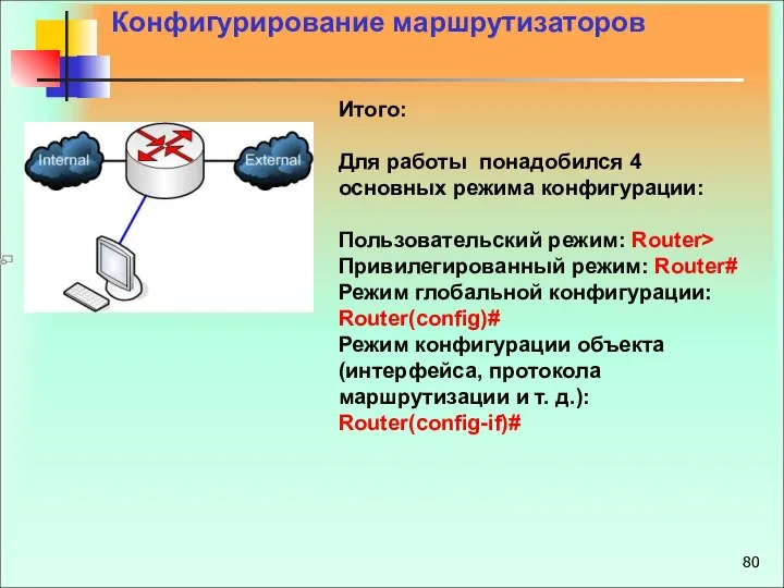 Итого: Для работы понадобился 4 основных режима конфигурации: Пользовательский режим: Router>