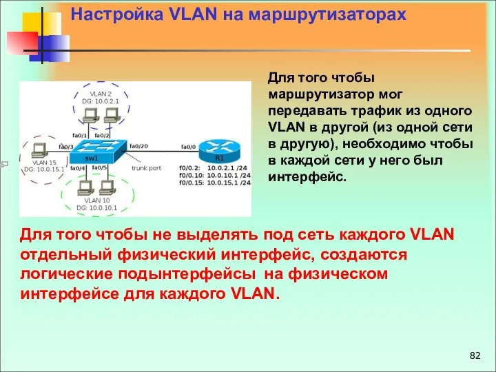 Настройка VLAN на маршрутизаторах Для того чтобы маршрутизатор мог передавать трафик