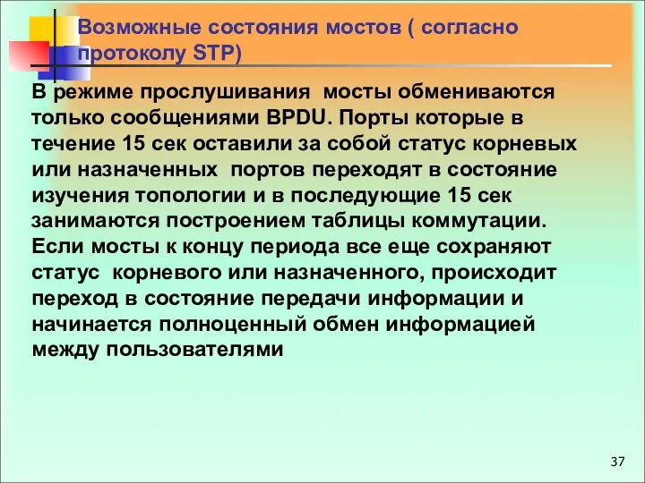 В режиме прослушивания мосты обмениваются только сообщениями BPDU. Порты которые в