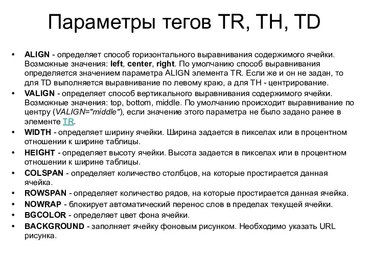 Параметры тегов TR, TH, TD ALIGN - определяет способ горизонтального выравнивания