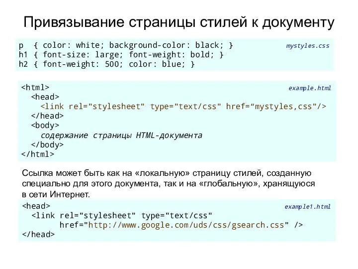 Привязывание страницы стилей к документу example.html содержание страницы HTML-документа Ссылка может