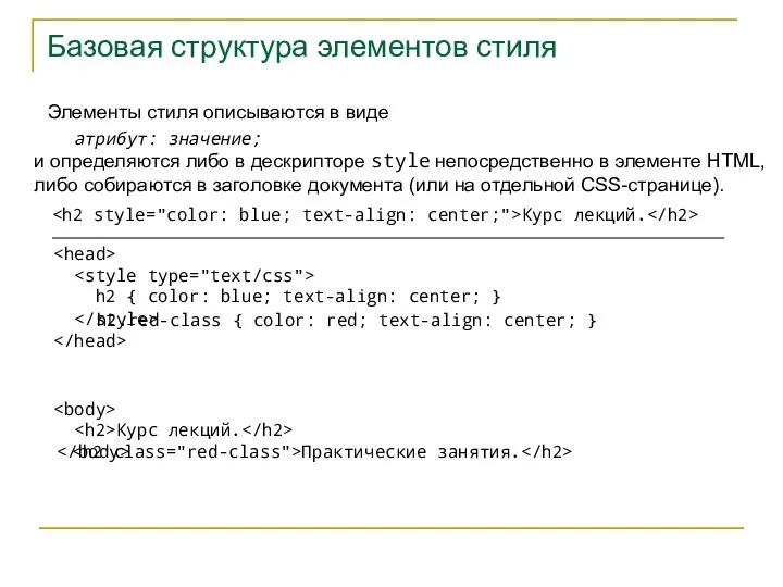 Базовая структура элементов стиля Элементы стиля описываются в виде атрибут: значение;