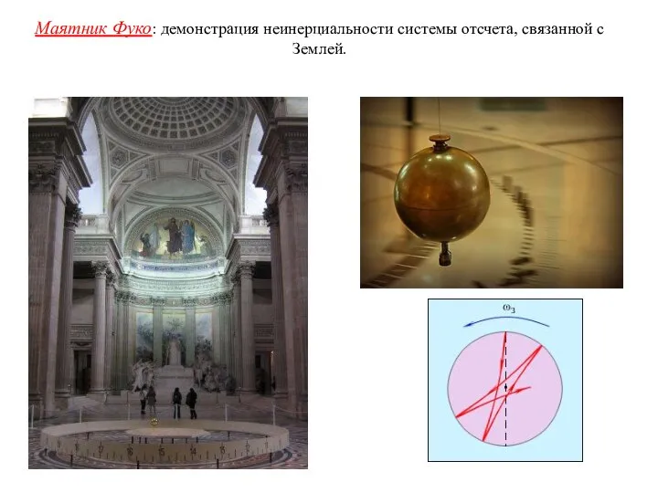 Маятник Фуко: демонстрация неинерциальности системы отсчета, связанной с Землей.