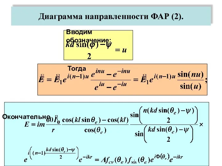 Вводим обозначение: Тогда Окончательно Диаграмма направленности ФАР (2).