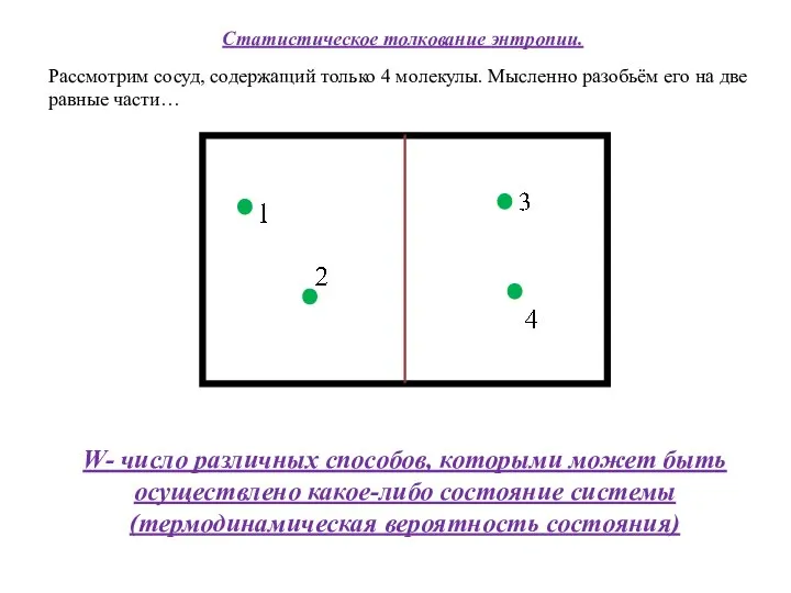 Статистическое толкование энтропии. Рассмотрим сосуд, содержащий только 4 молекулы. Мысленно разобьём