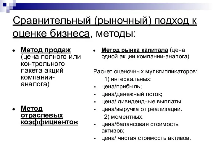 Сравнительный (рыночный) подход к оценке бизнеса, методы: Метод продаж (цена полного