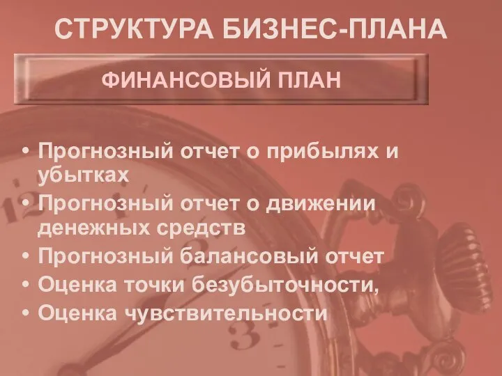 СТРУКТУРА БИЗНЕС-ПЛАНА Прогнозный отчет о прибылях и убытках Прогнозный отчет о