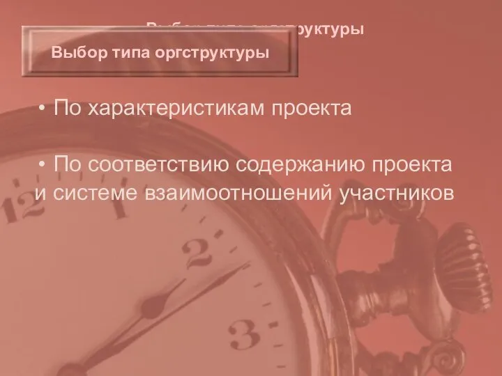 Выбор типа оргструктуры По характеристикам проекта По соответствию содержанию проекта и