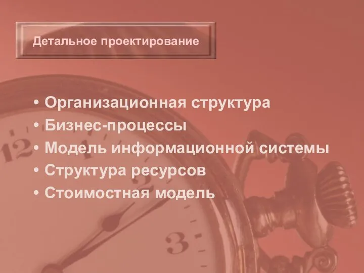 Организационная структура Бизнес-процессы Модель информационной системы Структура ресурсов Стоимостная модель Детальное проектирование