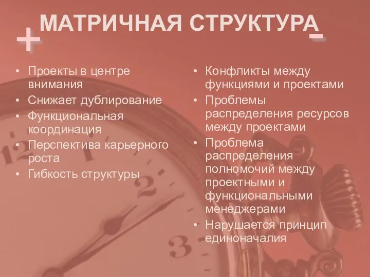 МАТРИЧНАЯ СТРУКТУРА Проекты в центре внимания Снижает дублирование Функциональная координация Перспектива