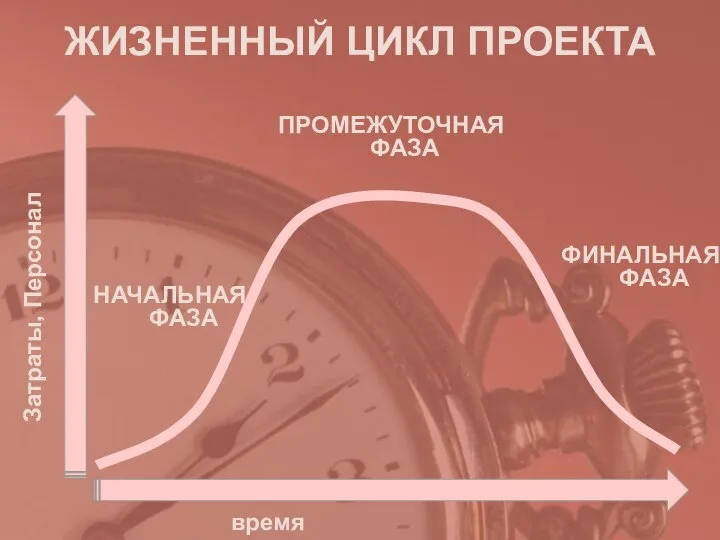 ЖИЗНЕННЫЙ ЦИКЛ ПРОЕКТА Затраты, Персонал время НАЧАЛЬНАЯ ФАЗА ФИНАЛЬНАЯ ФАЗА ПРОМЕЖУТОЧНАЯ ФАЗА