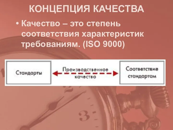 КОНЦЕПЦИЯ КАЧЕСТВА Качество – это степень соответствия характеристик требованиям. (ISO 9000)