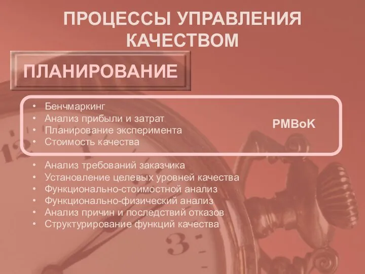 ПРОЦЕССЫ УПРАВЛЕНИЯ КАЧЕСТВОМ ПЛАНИРОВАНИЕ Бенчмаркинг Анализ прибыли и затрат Планирование эксперимента