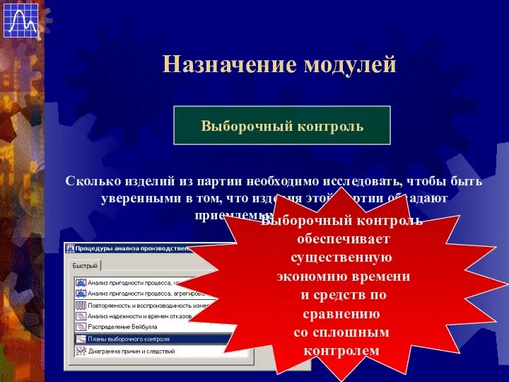 Назначение модулей Выборочный контроль Сколько изделий из партии необходимо исследовать, чтобы