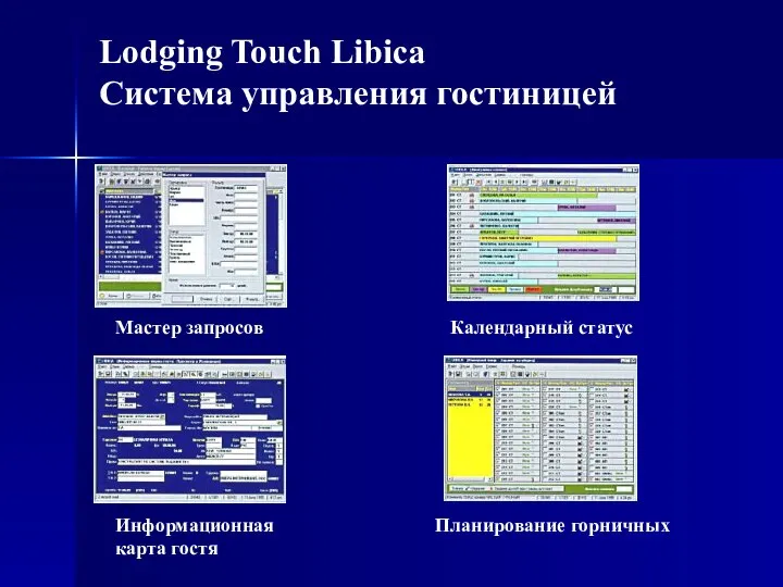 Lodging Touch Libica Система управления гостиницей Мастер запросов Календарный статус Информационная Планирование горничных карта гостя