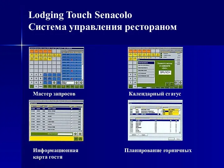 Lodging Touch Senacolo Система управления рестораном Мастер запросов Календарный статус Информационная Планирование горничных карта гостя