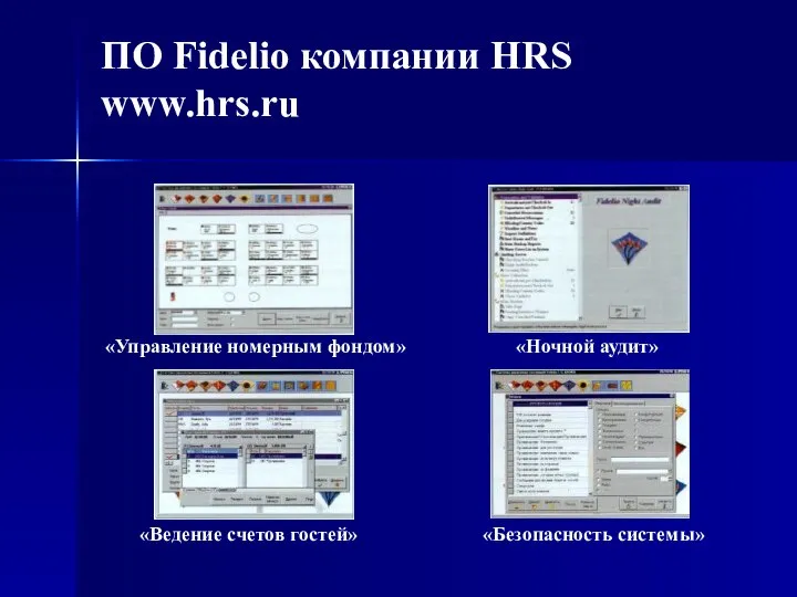 ПО Fidelio компании HRS www.hrs.ru «Управление номерным фондом» «Ночной аудит» «Ведение счетов гостей» «Безопасность системы»
