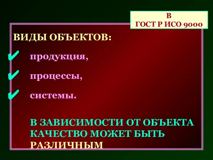 ВИДЫ ОБЪЕКТОВ: продукция, процессы, системы. В ЗАВИСИМОСТИ ОТ ОБЪЕКТА КАЧЕСТВО МОЖЕТ