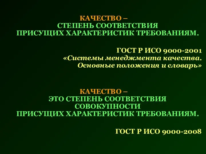 КАЧЕСТВО – СТЕПЕНЬ СООТВЕТСТВИЯ ПРИСУЩИХ ХАРАКТЕРИСТИК ТРЕБОВАНИЯМ. ГОСТ Р ИСО 9000-2001