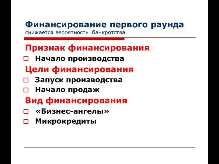 Финансирование первого раунда снижается вероятность банкротства Признак финансирования Начало производства Цели