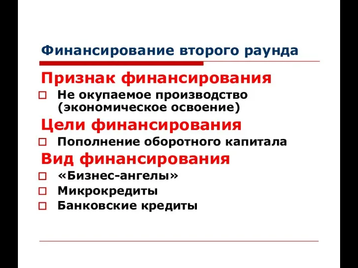 Финансирование второго раунда Признак финансирования Не окупаемое производство (экономическое освоение) Цели