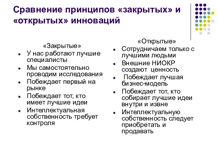 Сравнение принципов «закрытых» и «открытых» инноваций «Закрытые» У нас работают лучшие