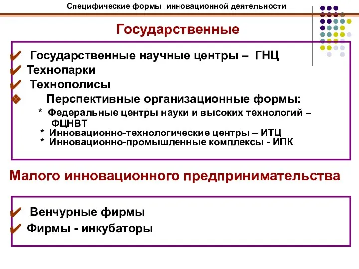 Государственные Государственные научные центры – ГНЦ Технопарки Технополисы Перспективные организационные формы: