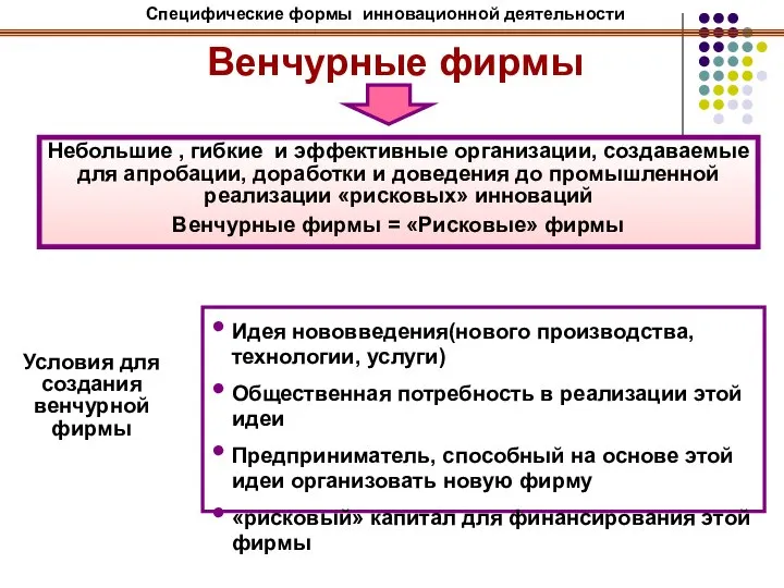 Венчурные фирмы Условия для создания венчурной фирмы Идея нововведения(нового производства, технологии,