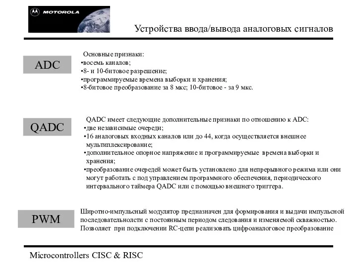 Microcontrollers CISC & RISC Устройства ввода/вывода аналоговых сигналов ADC QADC PWM