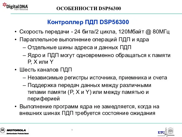 . Контроллер ПДП DSP56300 Скорость передачи - 24 бита/2 цикла, 120Mбайт