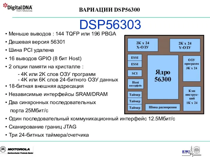 DSP56303 Меньше выводов : 144 TQFP или 196 PBGA Дешевая версия