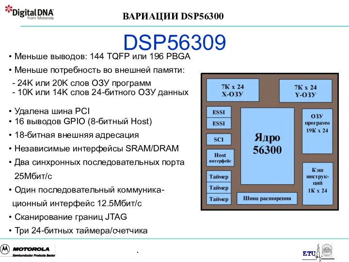 . DSP56309 Меньше выводов: 144 TQFP или 196 PBGA Меньше потребность