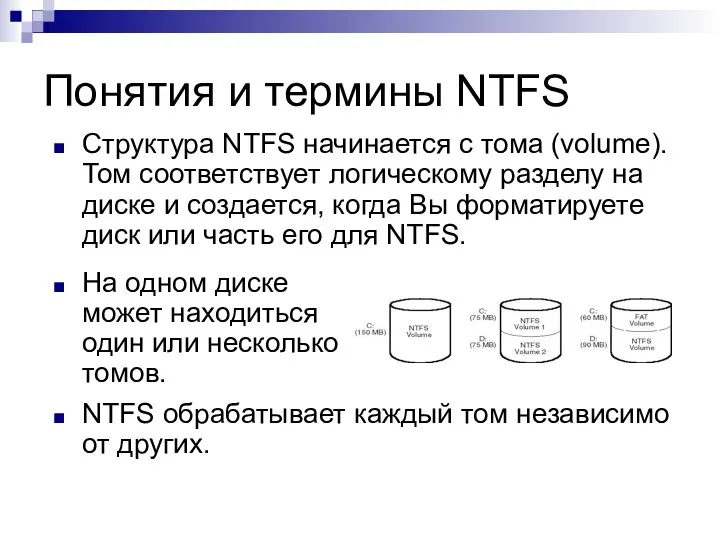 Понятия и термины NTFS Структура NTFS начинается с тома (volume). Том