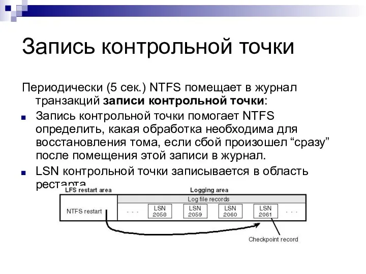 Запись контрольной точки Периодически (5 сек.) NTFS помещает в журнал транзакций