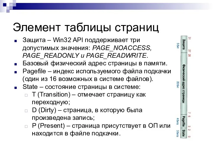 Элемент таблицы страниц Защита – Win32 API поддерживает три допустимых значения: