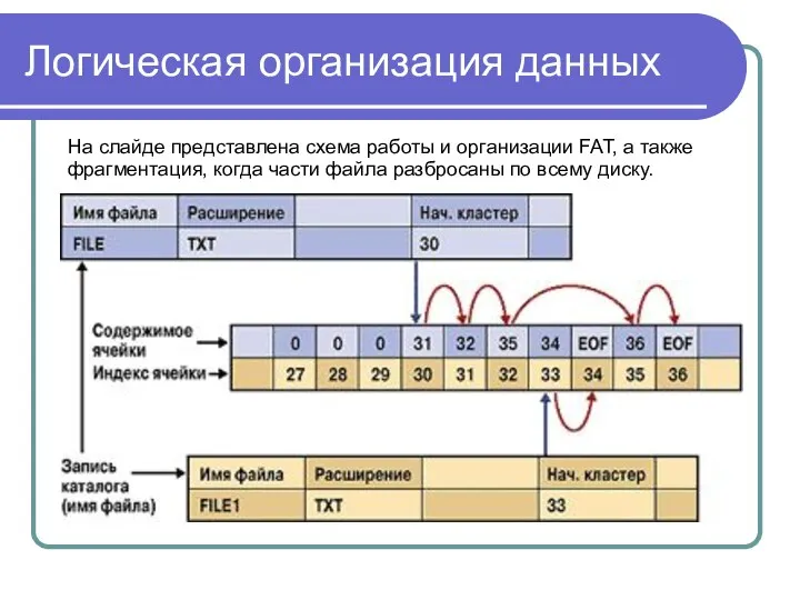 Логическая организация данных На слайде представлена схема работы и организации FAT,