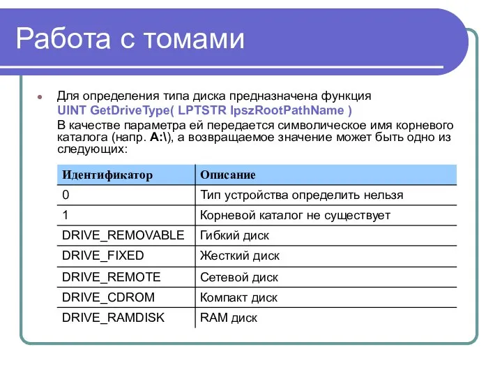 Работа с томами Для определения типа диска предназначена функция UINT GetDriveType(