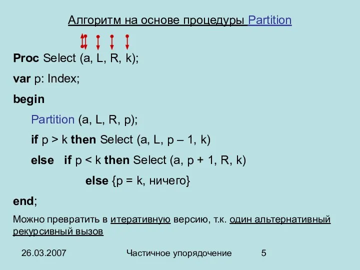 26.03.2007 Частичное упорядочение Алгоритм на основе процедуры Partition Proc Select (a,